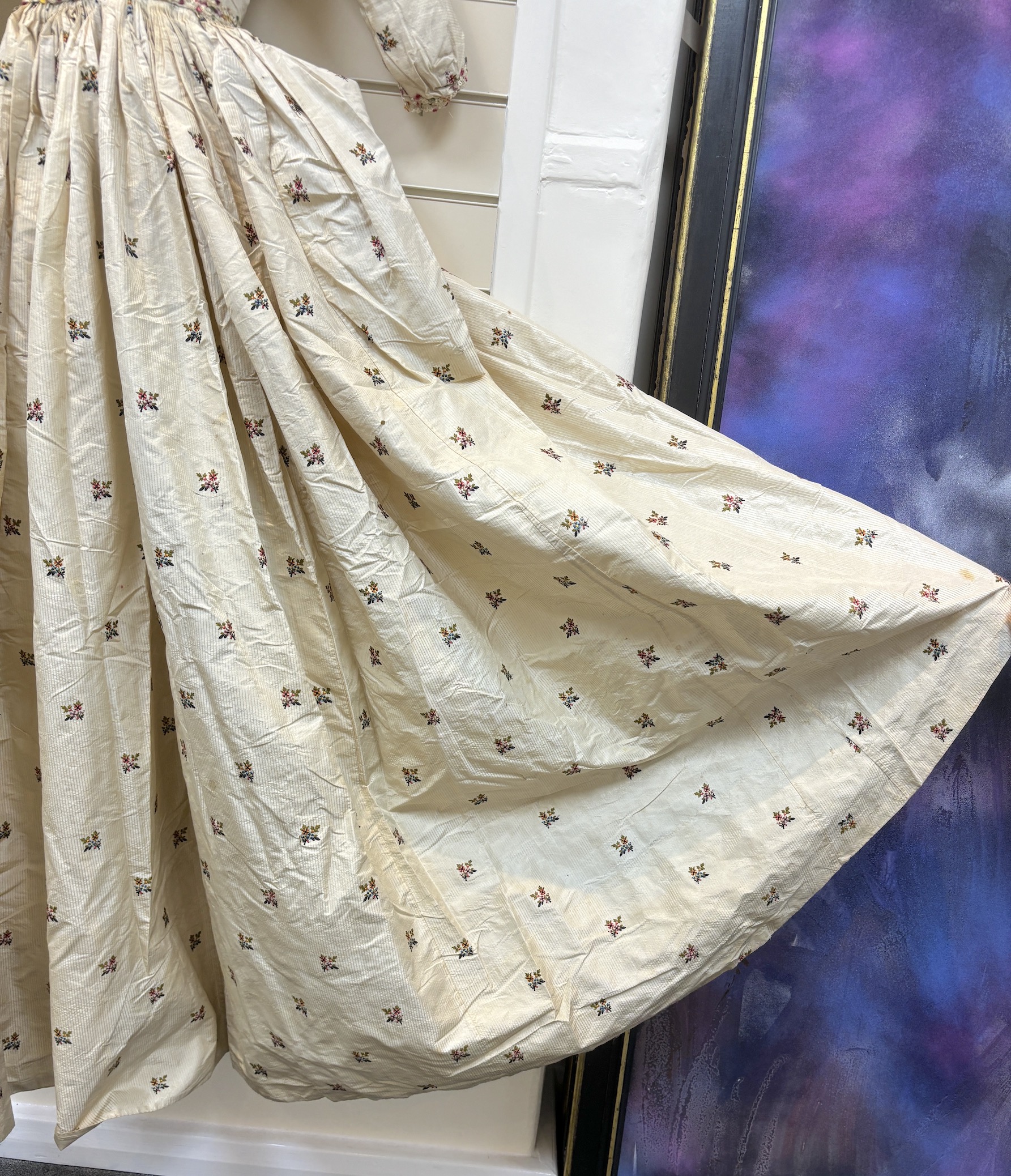 A rare 18th century, possibly Spitalfields, cream silk ladies dress, circa 1770-1780, made in the English style